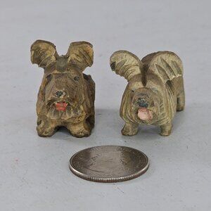 Vintage Anri Italy Wood Carved Skye Terrier Scottie Dogs Miniature Figurine Pair